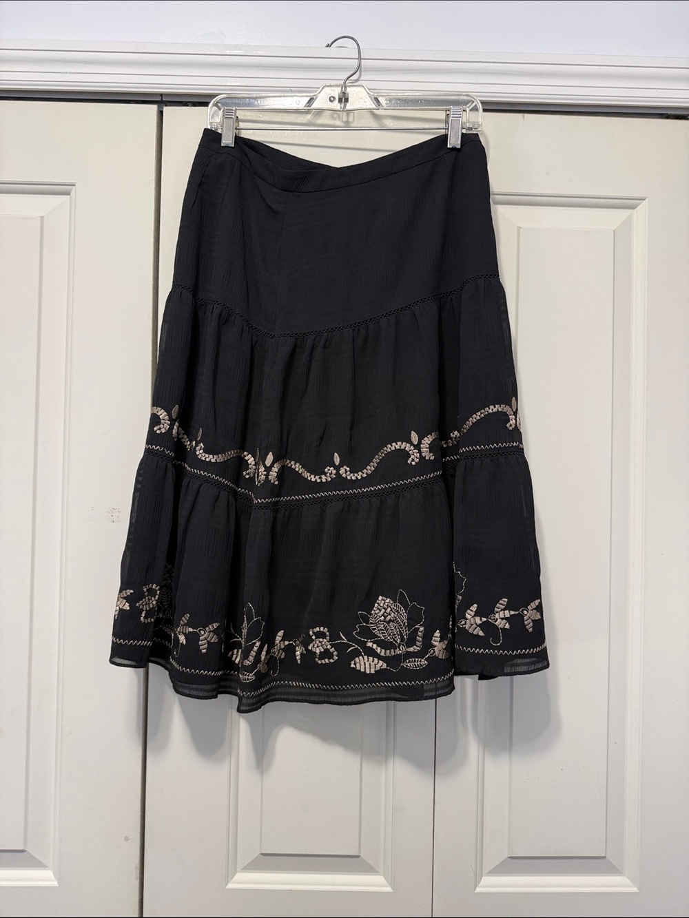LOFT Black Tiered Skirt with Beige Floral Embroidery